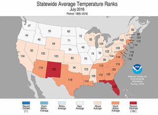 tatewide rankings for average temperature during July 2016, as compared to each July since 1895. Darker shades of orange indicate higher rankings for warmth, with 1 denoting the coldest month on record and 122 the warmest.